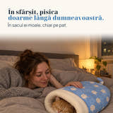 Imagine ilustrativă: În sfârșit, pisica doarme lângă dumneavoastră. În sacul ei moale, chiar pe pat.